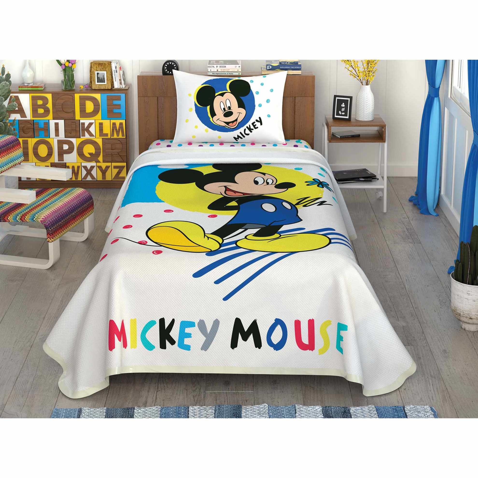 resm Taç Lisanslı Disney Mickey Colour % 100 Pamuk Tek Kişilik Pike Takımı 100x200 cm Çarşaflı