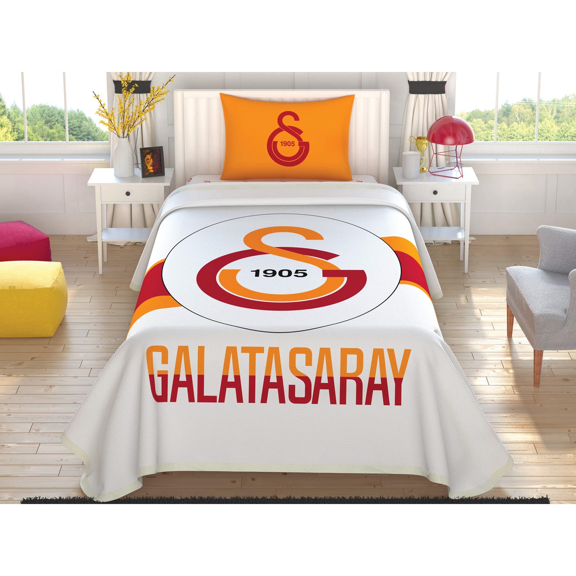 resm Taç Lisanslı Galatasaray Logo % 100 Pamuk Tek Kişilik Pike Takımı 100x200 cm Çarşaflı