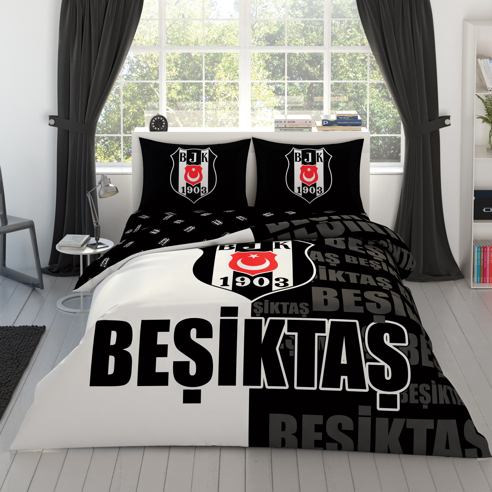 resm Taç Lisanslı Beşiktaş Parçalı Logo Pamuk Çift Kişilik Nevresim Takımı