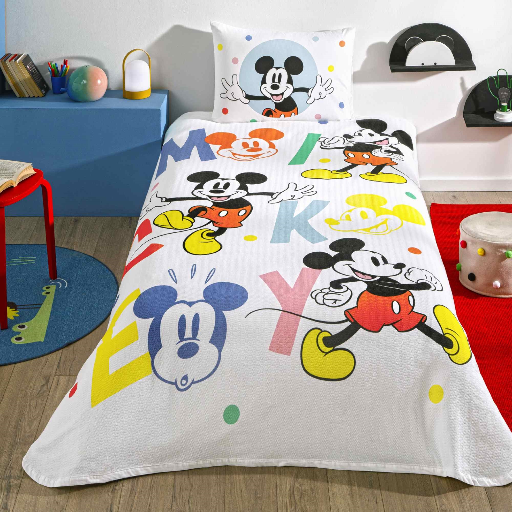 resm Taç Lisanslı Mickey Mouse Happy Tek Kişilik Pamuk Pike Takımı