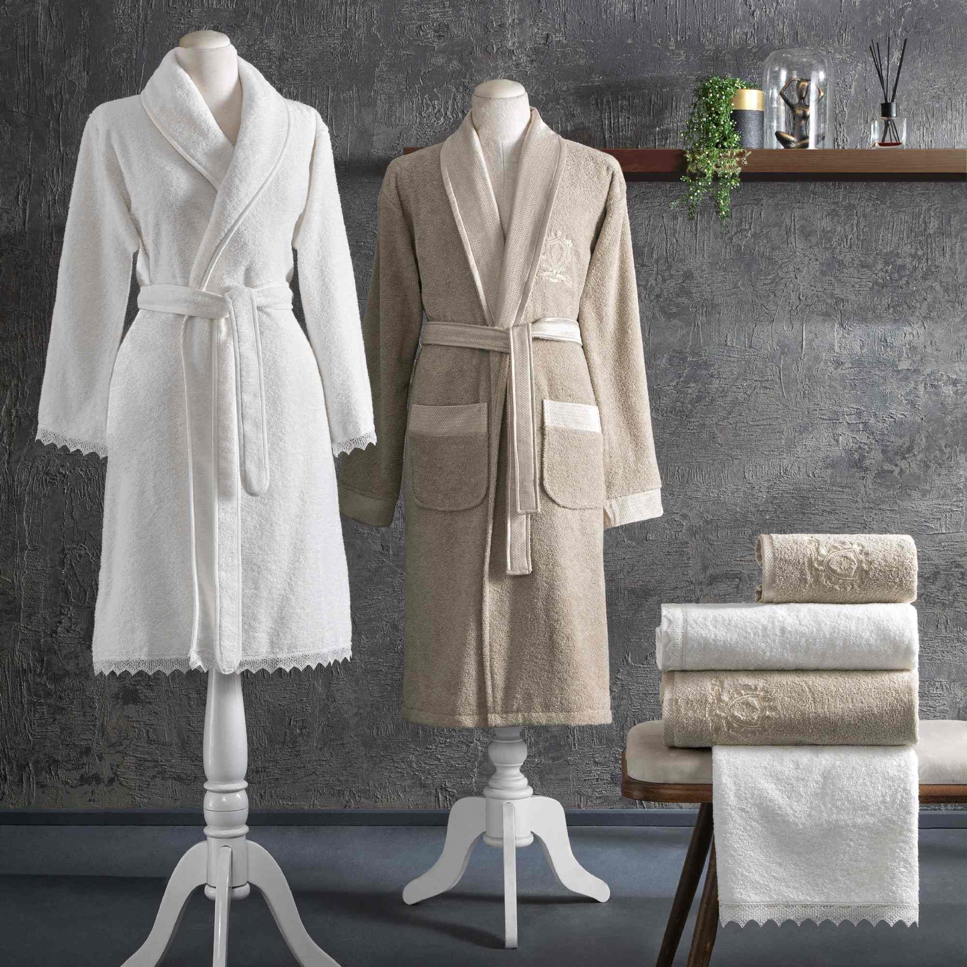 resm Taç Sambre Pamuk Aile Bornoz Seti Beyaz Cappucino