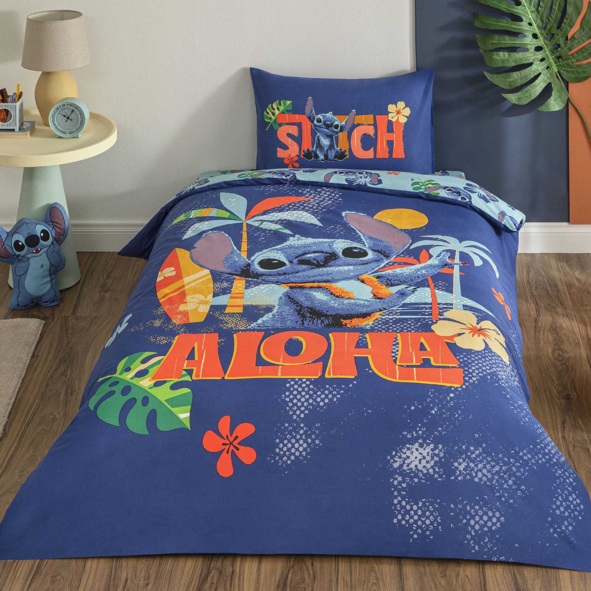 resm Taç Lisanslı Disney Stitch Aloha Tek Kişilik Pamuk Nevresim Takımı 120