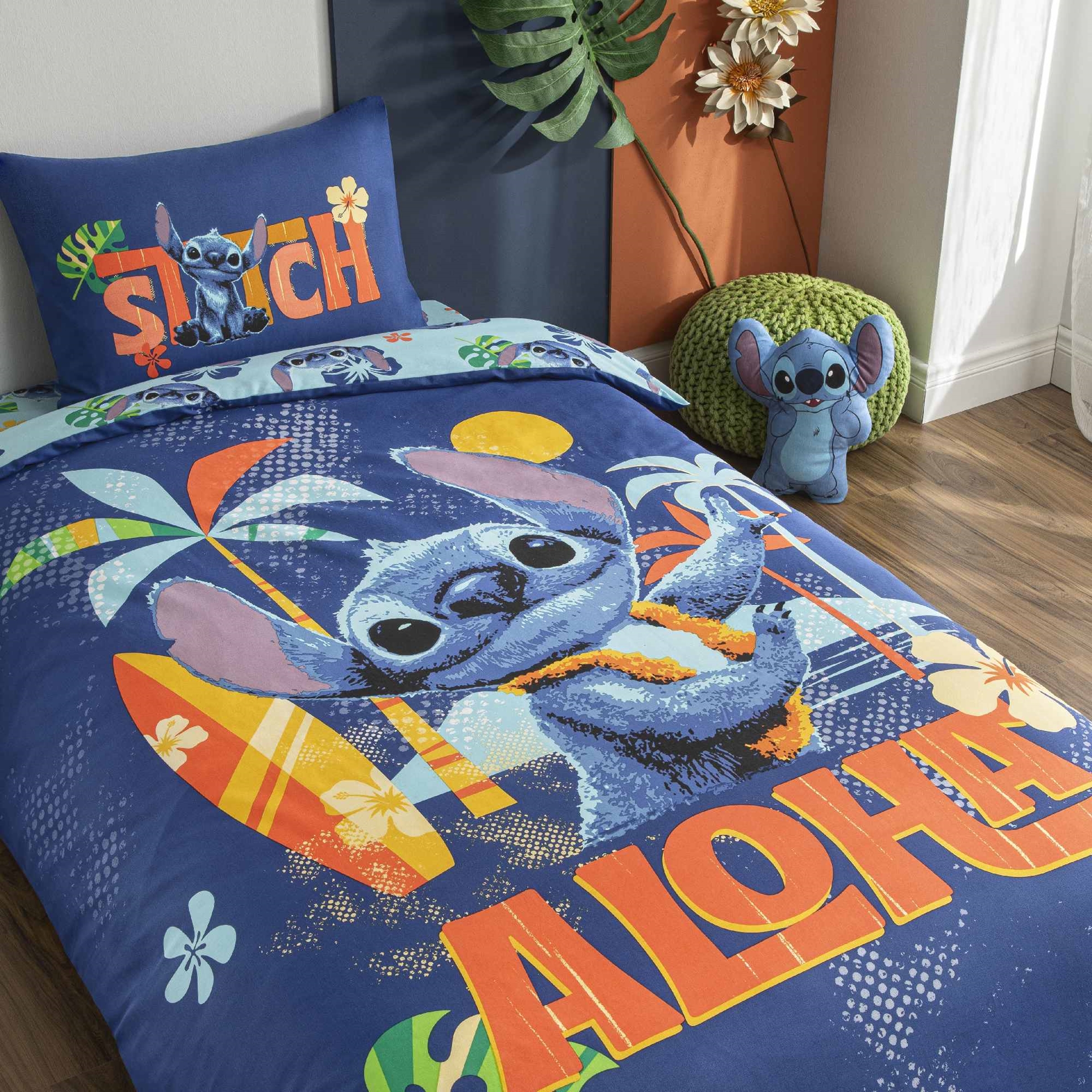 resm Taç Lisanslı Disney Stitch Aloha Tek Kişilik Pamuk Nevresim Takımı 120