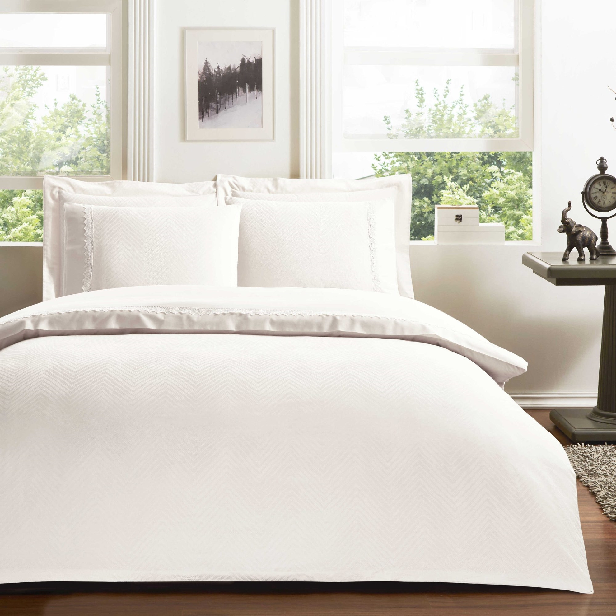 resm Taç Sambre Jakar Çift Kişilik Nevresim Takımı Ekru