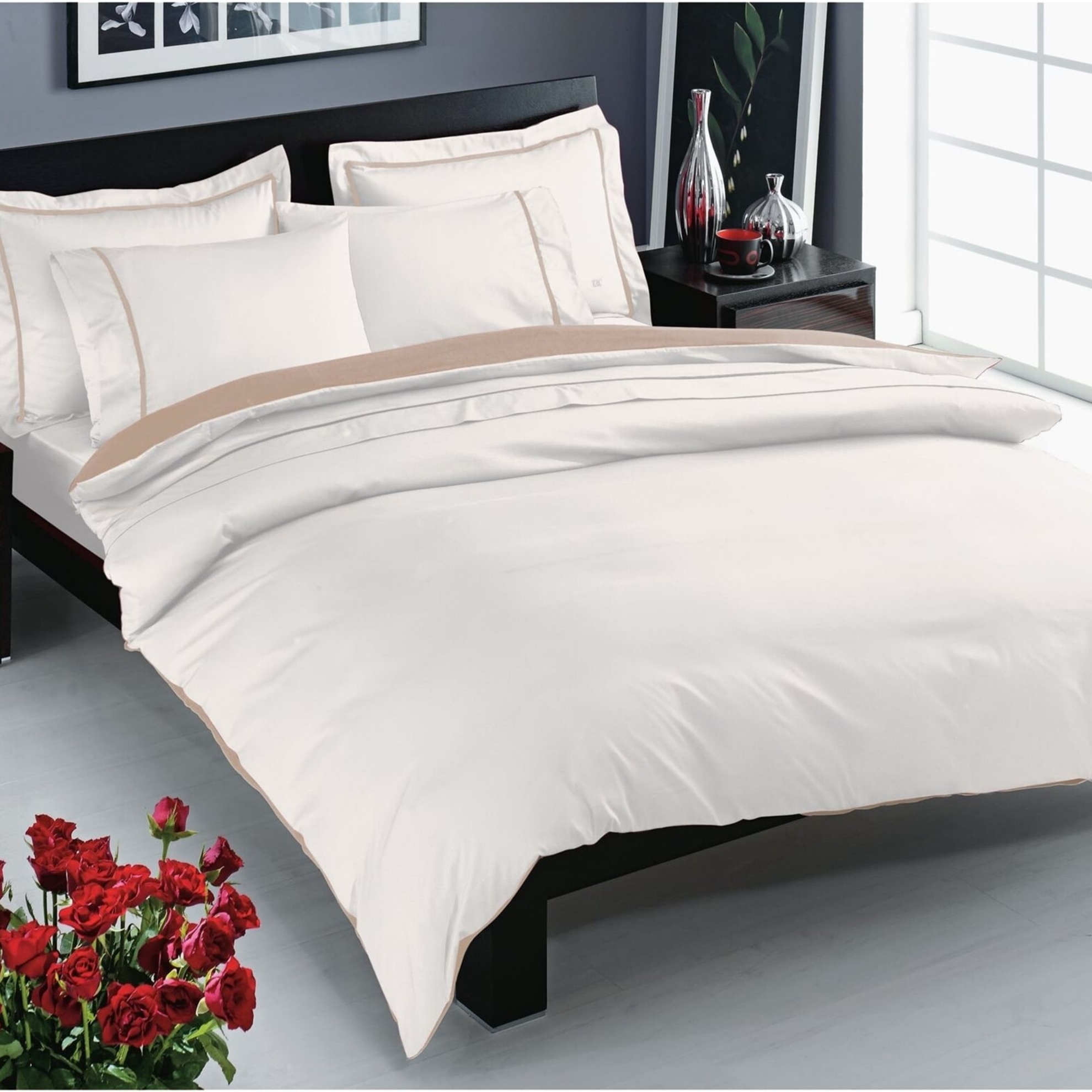 resm Taç Prestige Saten Çift Kişilik Nevresim Takımı Ekru