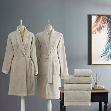 resm Taç Gabrıella Pure Cotton Pamuk Aile Bornoz Seti Taş Ekru