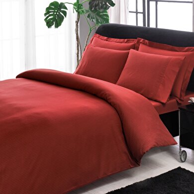 resm Taç Stripe Premium Basic Çift Kişilik Nevresim Takımı Kırmızı