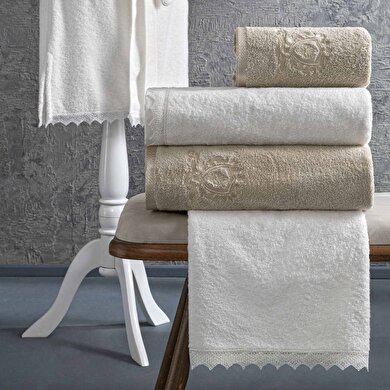 resm Taç Sambre Pamuk Aile Bornoz Seti Beyaz Cappucino