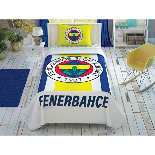 Resim Taç Lisanslı Fenerbahçe Sarı Lacivert % 100 Pamuk Tek Kişilik Pike Takımı 120x200 cm Çarşaflı