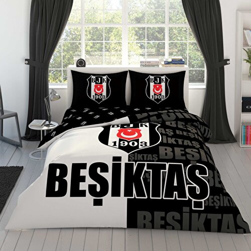 Resim Taç Beşiktaş Parçalı Logo Pamuk Çift Kişilik Nevresim Takımı
