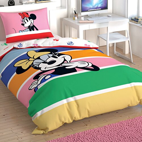 Resim Taç Disney Minnie Mouse Rainbow Pamuk Nevresim Takımı