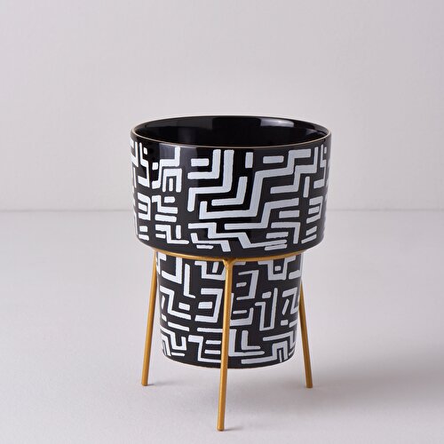 Resim Linens Marbling Seramik-Metal 13x13x18 cm Saksı Siyah Beyaz