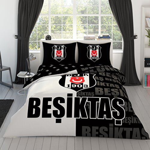 Resim Taç Lisanslı Beşiktaş Parçalı Logo Pamuk Çift Kişilik Nevresim Takımı