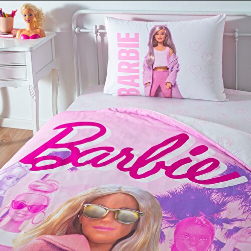 Resim Taç Lisanslı Barbie Pink Power Tek Kişilik Pamuk Nevresim Takımı