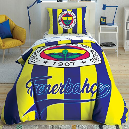 Resim Taç Lisanslı Fenerbahçe Çubuklu Pamuk Tek Kişilik Nevresim Takımı