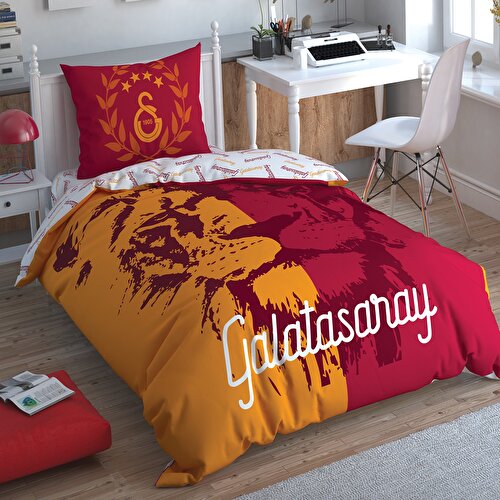 Resim Taç Lisanslı Galatasaray Aslan Logo Pamuk Tek Kişilik Nevresim Takımı