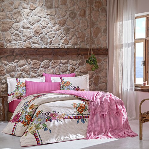 Resim Taç Butik Vıva Pamuk Çift Kişilik Nevresim Pembe