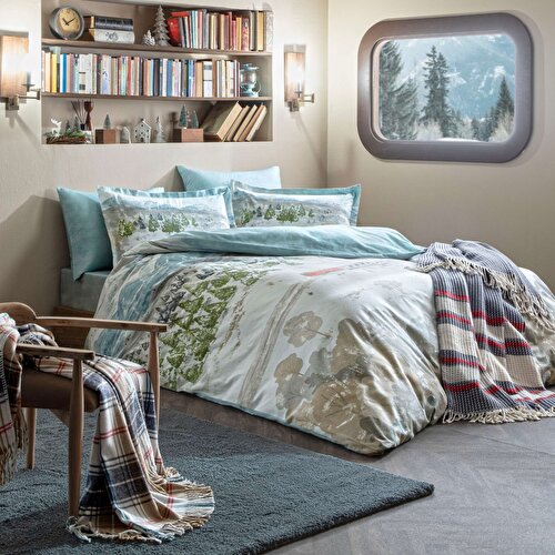 Resim Taç Butik Velur Pamuk Nevresim Seti Çift Kişilik Mavi