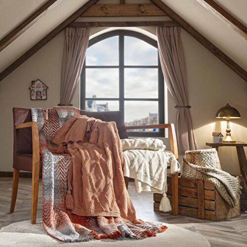 Resim Taç Butik Brüj Pamuklu Çift Kişilik Battaniye Turuncu